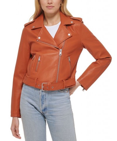Women's Faux-Leather Moto Jacket Brown $30.12 Jackets