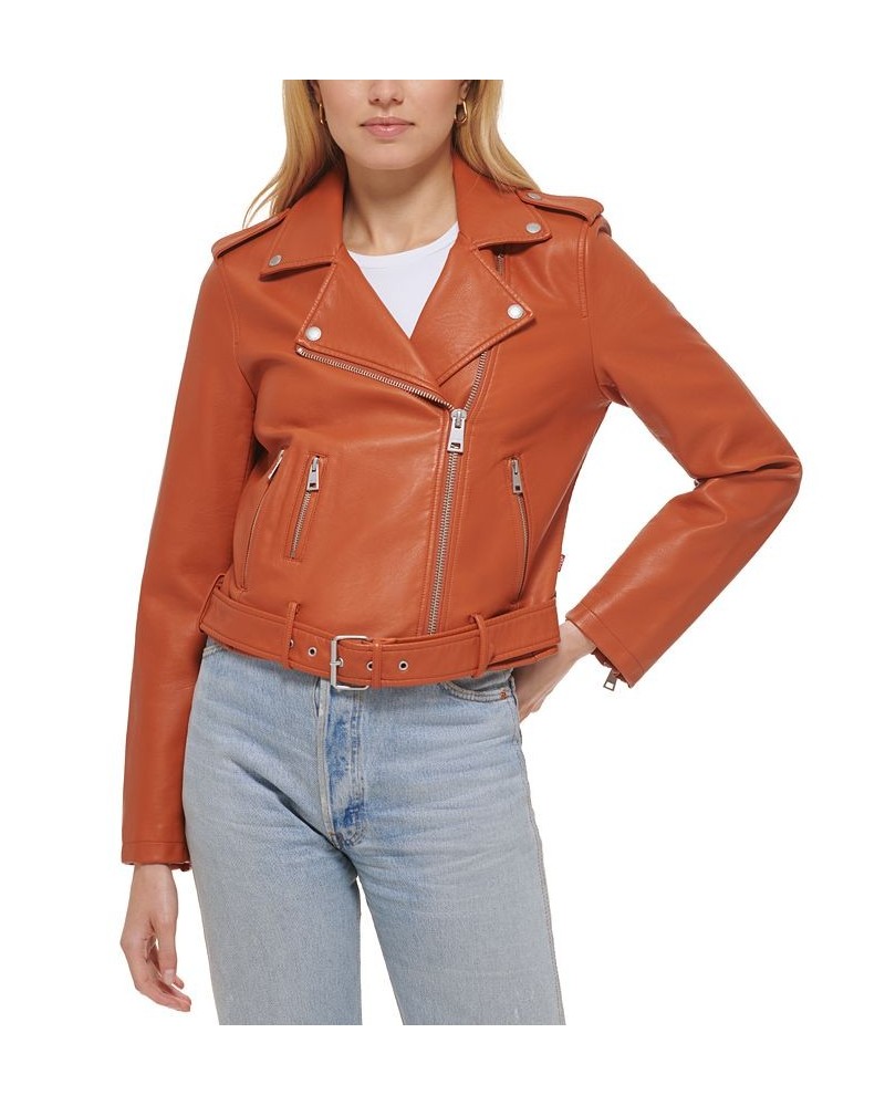 Women's Faux-Leather Moto Jacket Brown $30.12 Jackets