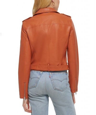 Women's Faux-Leather Moto Jacket Brown $30.12 Jackets