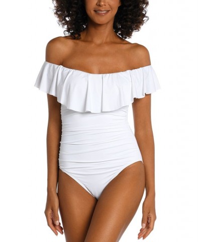 Island Goddess Off-The-Shoulder Ruffled Tummy-Control One-Piece Swimsuit White $70.00 Swimsuits
