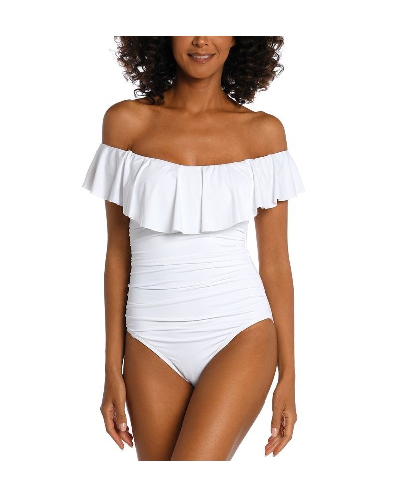 Island Goddess Off-The-Shoulder Ruffled Tummy-Control One-Piece Swimsuit White $70.00 Swimsuits