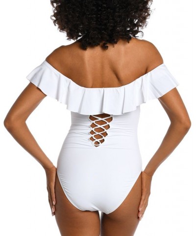 Island Goddess Off-The-Shoulder Ruffled Tummy-Control One-Piece Swimsuit White $70.00 Swimsuits