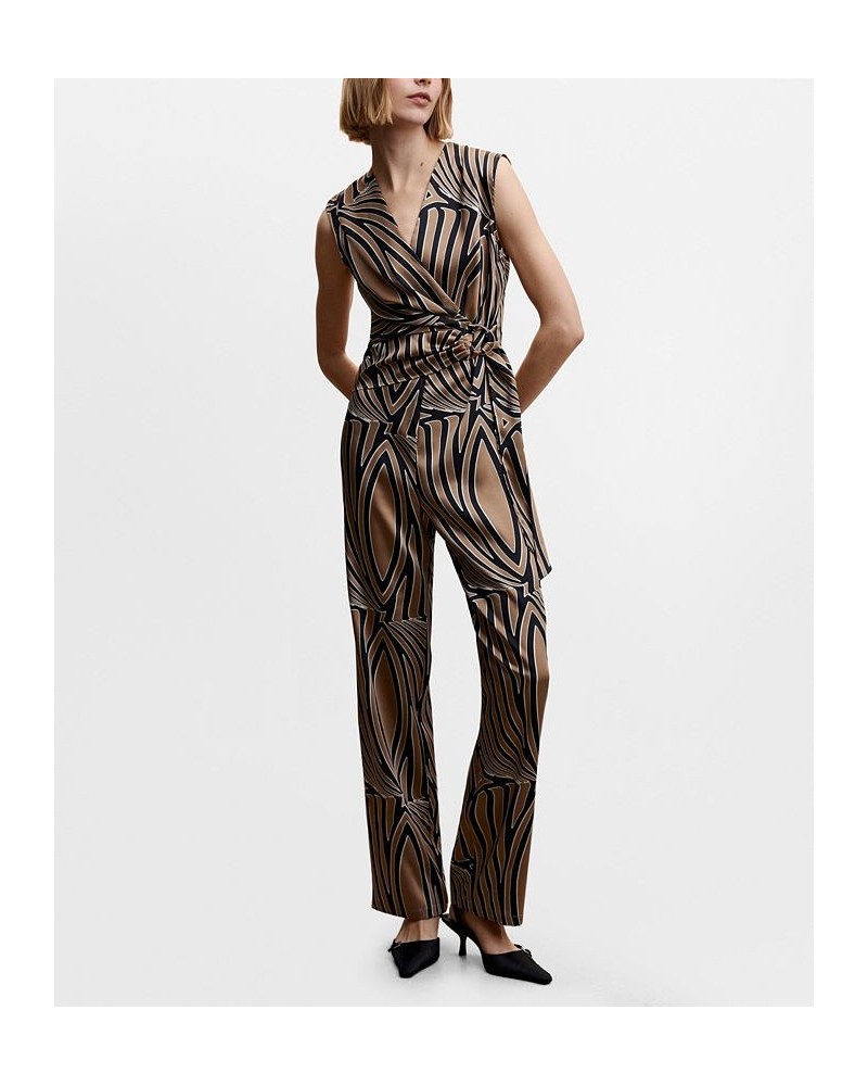 Women's Belt Printed Jumpsuit Beige $33.00 Pants