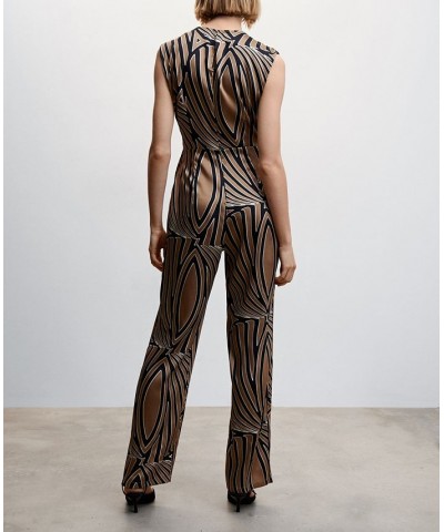 Women's Belt Printed Jumpsuit Beige $33.00 Pants