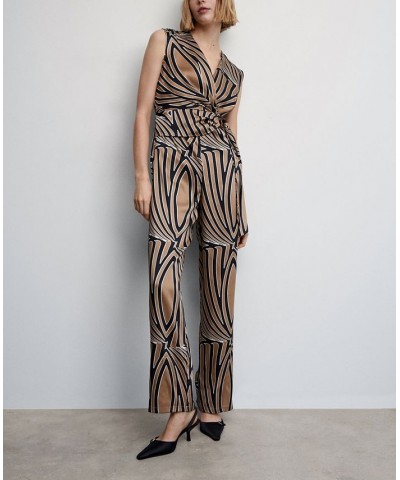 Women's Belt Printed Jumpsuit Beige $33.00 Pants