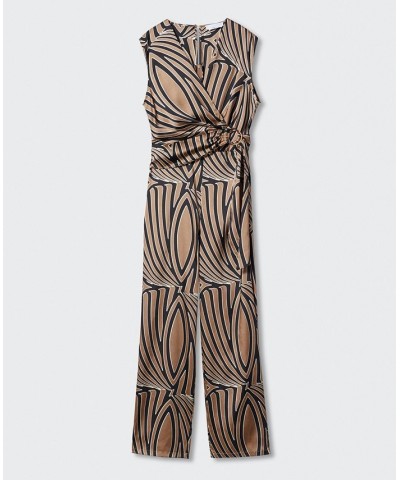 Women's Belt Printed Jumpsuit Beige $33.00 Pants