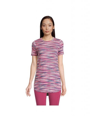 Women's Petite Moisture Wicking UPF Sun Short Sleeve Curved Hem Tunic Top Baltic teal/pink space dye $26.48 Tops