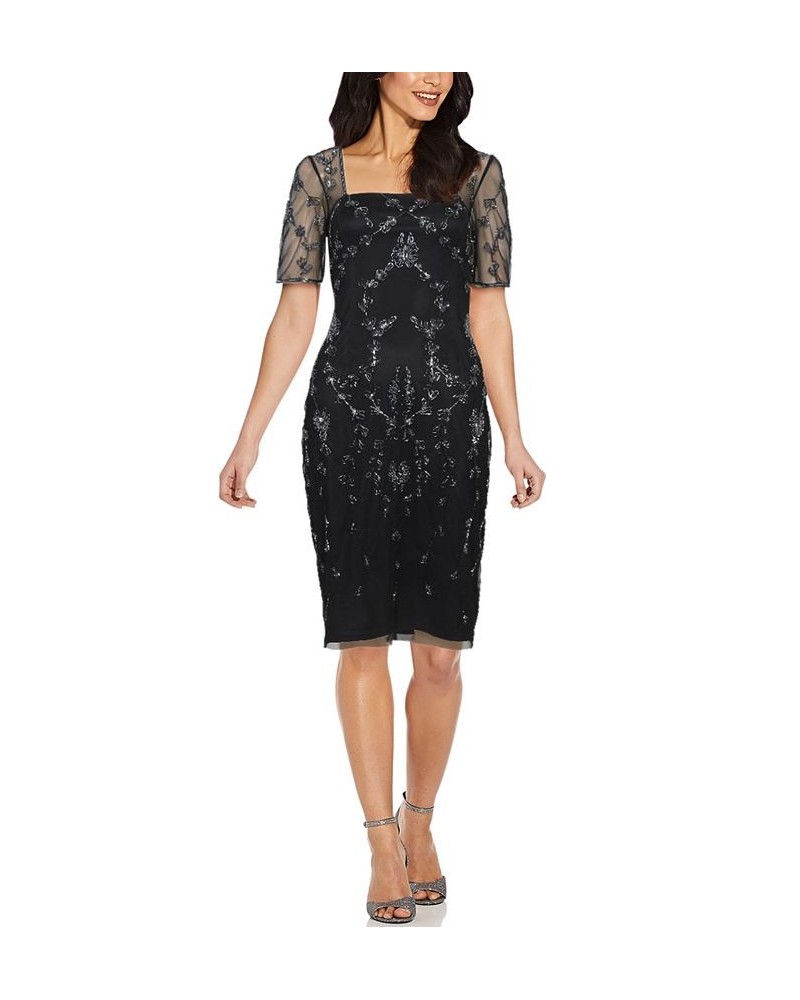 Papell Studio Mesh-Sleeve Beaded Dress Black/Gunmetal $69.96 Dresses