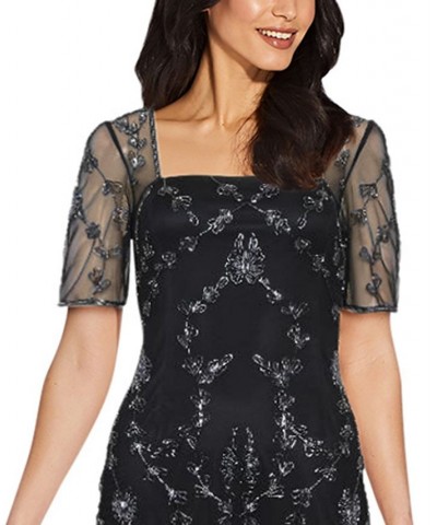 Papell Studio Mesh-Sleeve Beaded Dress Black/Gunmetal $69.96 Dresses