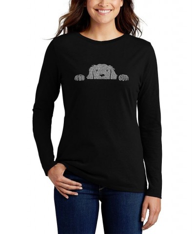 Women's Peeking Dog Word Art Long Sleeve T-shirt Black $21.08 Tops