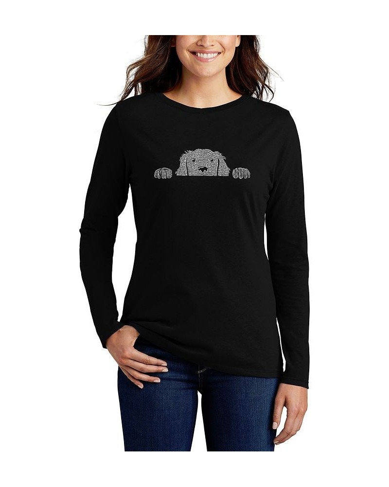 Women's Peeking Dog Word Art Long Sleeve T-shirt Black $21.08 Tops