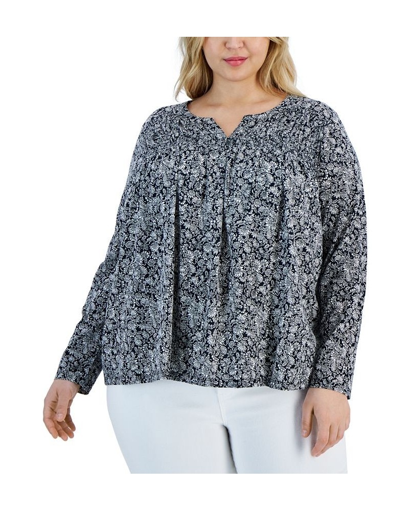 Plus Size Split-Neck Long-Sleeve Top Black $13.41 Tops