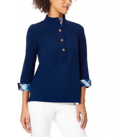 Women's Coastal Knit and Woven Combination Button Neck Tunic Jones Collection Navy $22.89 Tops