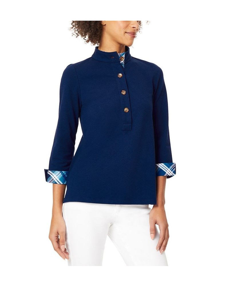 Women's Coastal Knit and Woven Combination Button Neck Tunic Jones Collection Navy $22.89 Tops