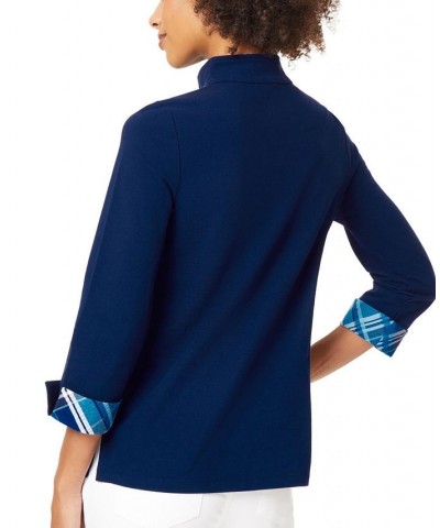 Women's Coastal Knit and Woven Combination Button Neck Tunic Jones Collection Navy $22.89 Tops