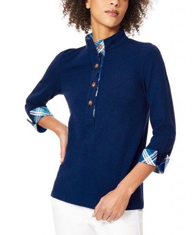 Women's Coastal Knit and Woven Combination Button Neck Tunic Jones Collection Navy $22.89 Tops