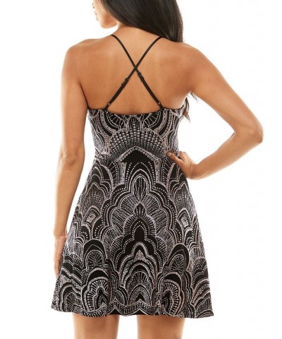 Juniors' Slinky Glitter Sleeveless A-Line Mini Dress Black Gold $24.50 Dresses