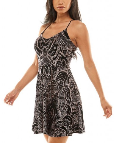 Juniors' Slinky Glitter Sleeveless A-Line Mini Dress Black Gold $24.50 Dresses