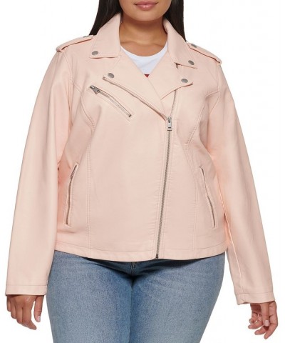 Plus Size Trendy Faux Leather Moto Jacket Shell Pink $33.00 Jackets