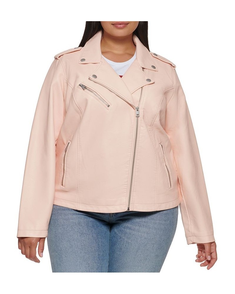 Plus Size Trendy Faux Leather Moto Jacket Shell Pink $33.00 Jackets