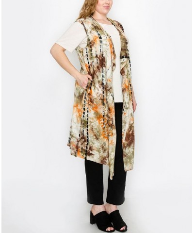 Plus Size Hand Tie Dye Pocket Flyaway Hoodie Vest Top Taupe/Indigo $25.30 Sweatshirts