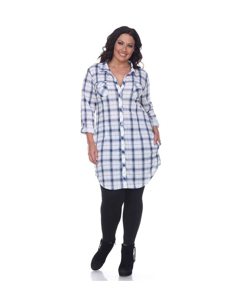 Plus Piper Stretchy Plaid Tunic Blue White $32.24 Tops