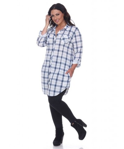 Plus Piper Stretchy Plaid Tunic Blue White $32.24 Tops