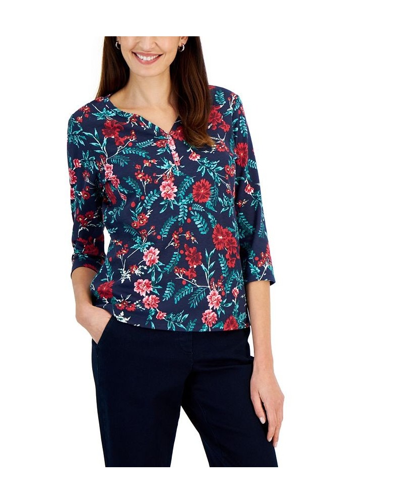 Women's Mistletoe Boutique Printed Henley Top Blue $7.49 Tops