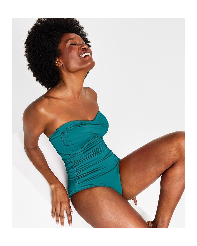 Twist-Front Ruched One-Piece Swimsuit Ocean Green $39.20 Swimsuits