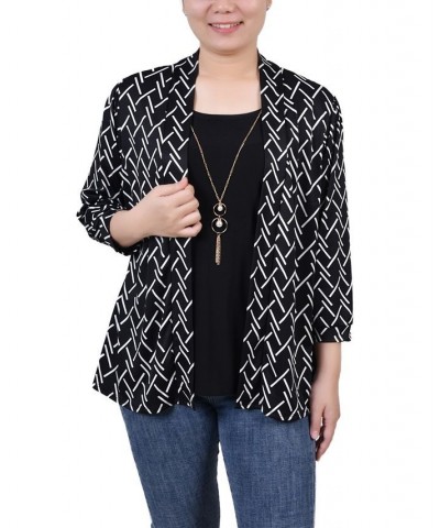 Petite 3/4 Sleeve Two-Fer Top Black White Abstract Line $16.44 Tops