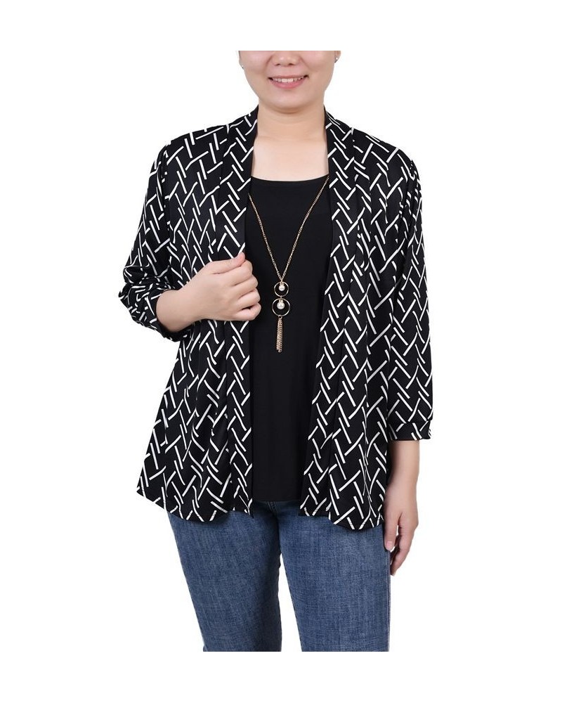 Petite 3/4 Sleeve Two-Fer Top Black White Abstract Line $16.44 Tops