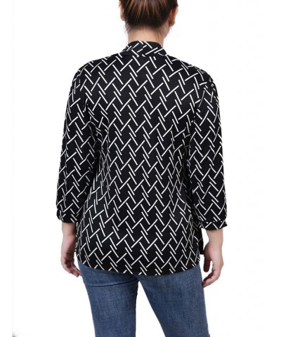 Petite 3/4 Sleeve Two-Fer Top Black White Abstract Line $16.44 Tops