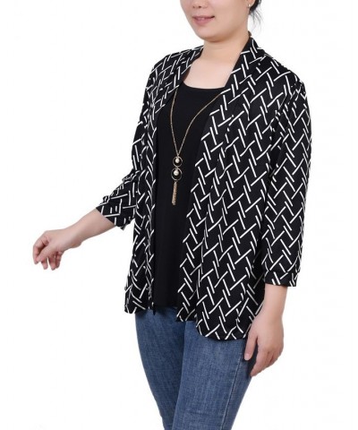 Petite 3/4 Sleeve Two-Fer Top Black White Abstract Line $16.44 Tops