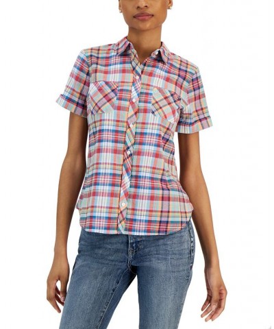 Women's Cotton Plaid Pocket Camp Shirt Orange $27.74 Tops