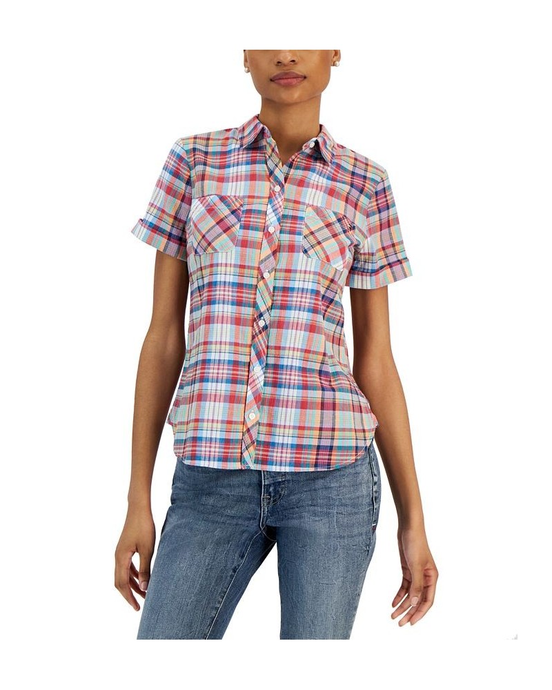 Women's Cotton Plaid Pocket Camp Shirt Orange $27.74 Tops