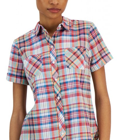 Women's Cotton Plaid Pocket Camp Shirt Orange $27.74 Tops