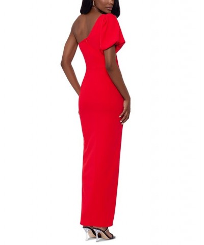 Women's One-Shoulder Puff-Sleeve Gown Red $89.64 Dresses