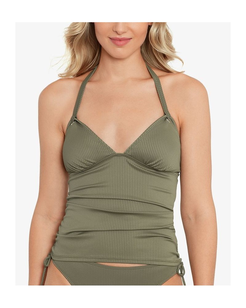 Juniors' Ribbed Shirred Halter Tankini Top Green $18.00 Swimsuits