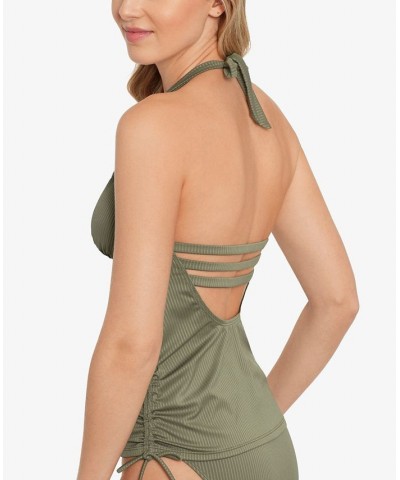 Juniors' Ribbed Shirred Halter Tankini Top Green $18.00 Swimsuits