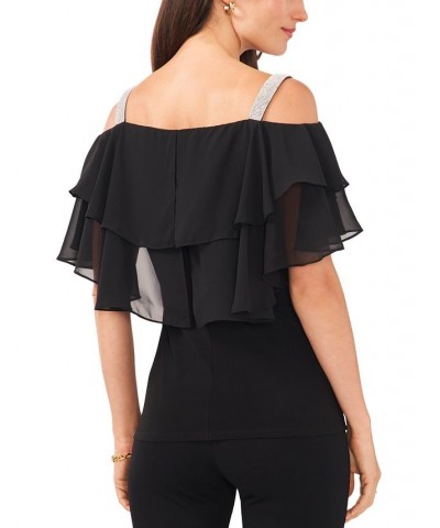 Women's Embellished-Strap Tiered Chiffon Top Black $38.71 Tops