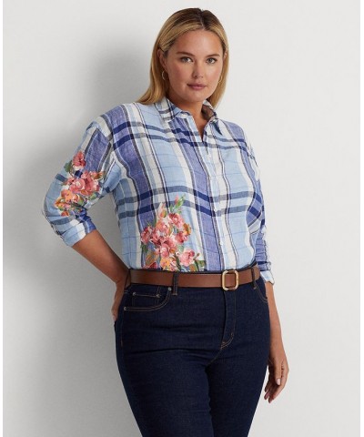 Plus Size Floral & Plaid Buttoned Top Blue/white $60.75 Tops