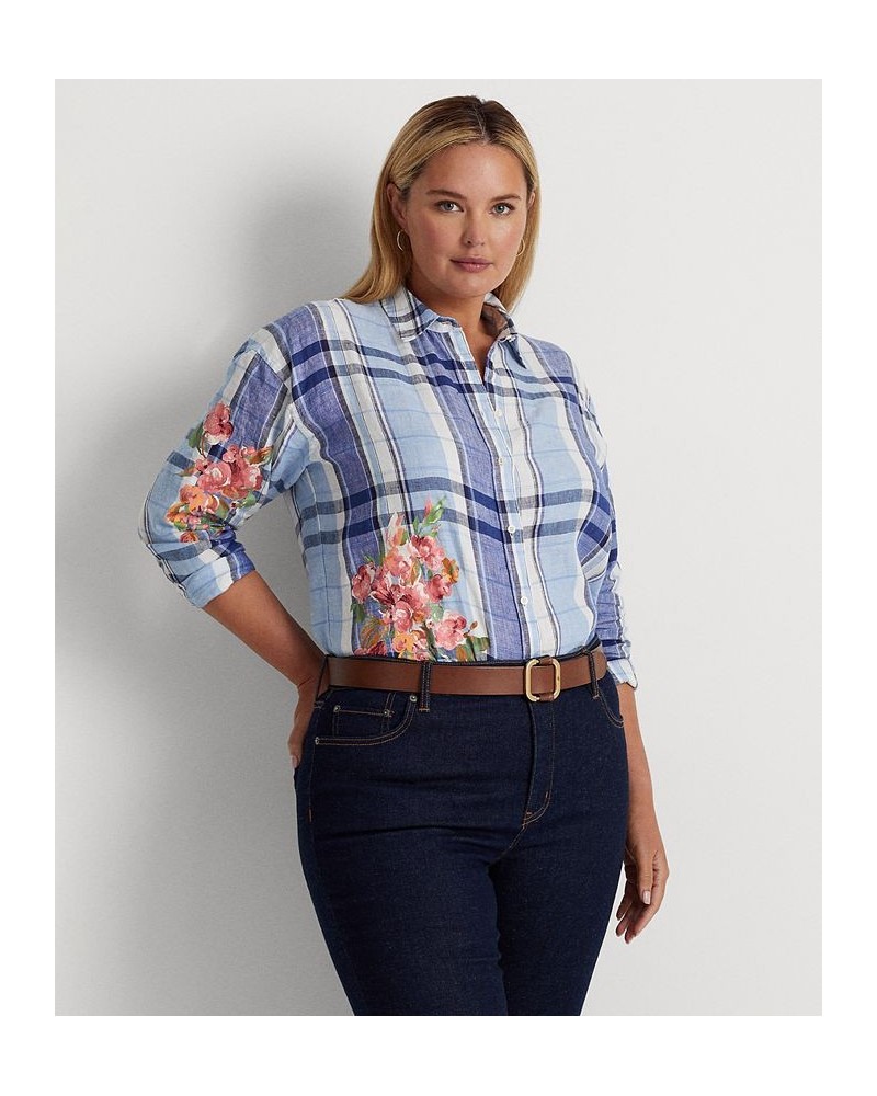 Plus Size Floral & Plaid Buttoned Top Blue/white $60.75 Tops