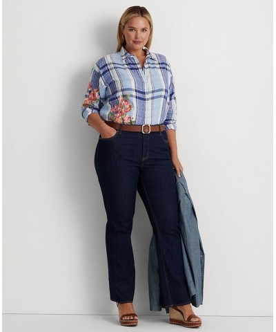 Plus Size Floral & Plaid Buttoned Top Blue/white $60.75 Tops