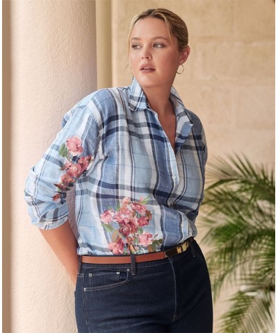 Plus Size Floral & Plaid Buttoned Top Blue/white $60.75 Tops