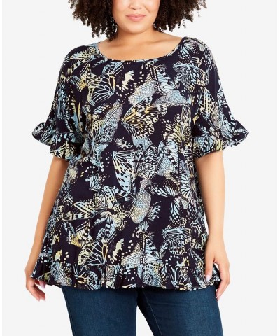 Plus Size Rivka Frill Print Top Blue Butterfly $28.29 Tops