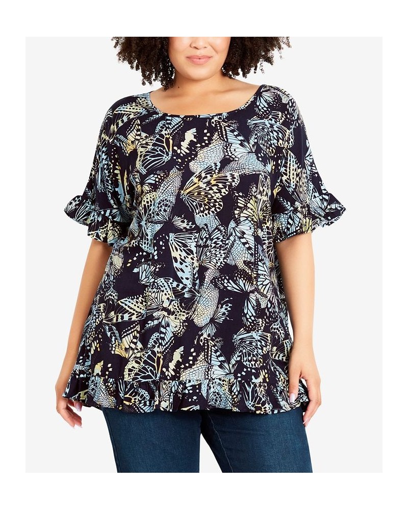 Plus Size Rivka Frill Print Top Blue Butterfly $28.29 Tops