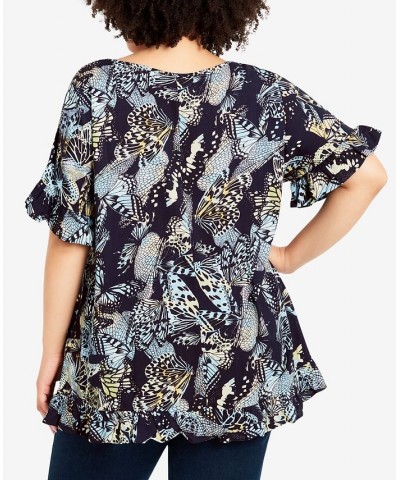 Plus Size Rivka Frill Print Top Blue Butterfly $28.29 Tops