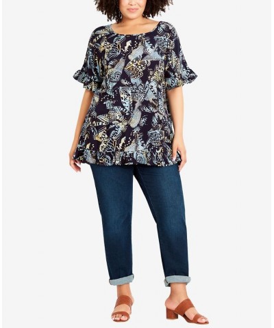 Plus Size Rivka Frill Print Top Blue Butterfly $28.29 Tops