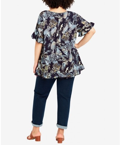 Plus Size Rivka Frill Print Top Blue Butterfly $28.29 Tops