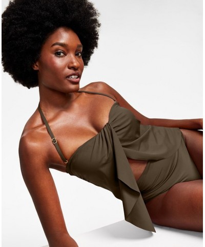 Riviera Draped Tankini Top & High-Waist Bottoms Dark Fatigue Green $35.36 Swimsuits